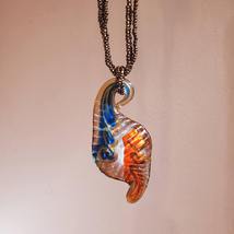 Art Glass Pendant Necklace, Vintage Statement Jewelry, Blue Red Copper beaded
