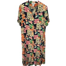 Vintage La Chine Plus Silk Shirt Dress 14W Short Sleeve Button Navy Trop... - $29.65