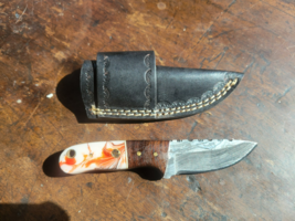 6" Damascus Steel Hunting Skinning Knife Composite Handle With Leather S... - $34.65