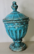 Tall Urn With Lid Made to Look Old Turquoise Blue Ceramic - $35.44