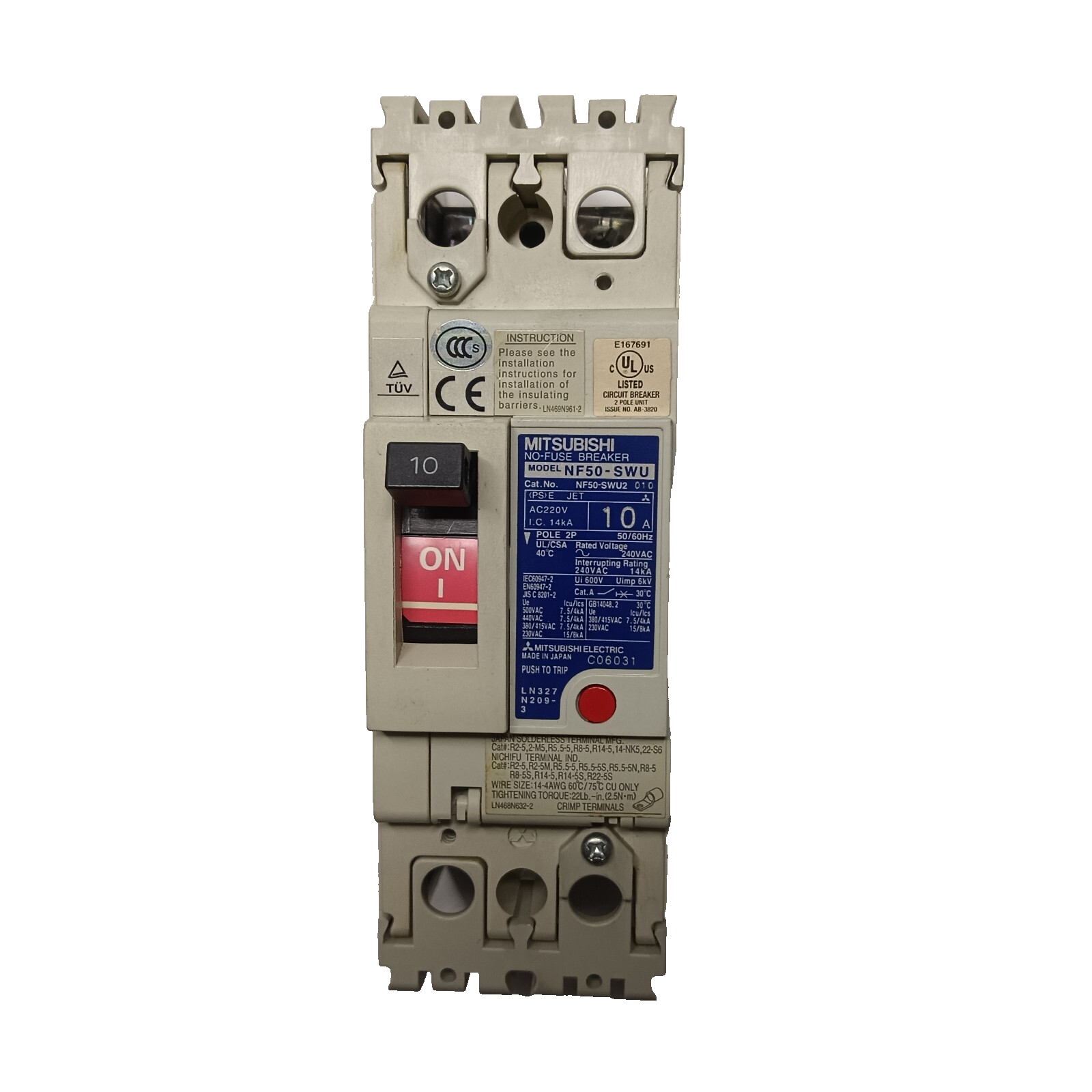 Mitsubishi NF50-SWU2 010 10A 2-Pole NO-Fuse Circuit Breaker NF50-SWU Japan - $26.00