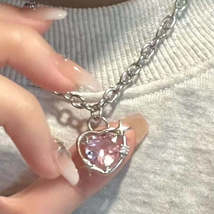 Y2K Accessories Fashion Peach Heart Water Drop Pendant Necklace Pink Crystal Egi - £11.93 GBP