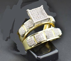 Ladies 14K Yellow Gold Fn Round Cut Diamond Engagement Ring 2 Piece Bridal Set - £78.99 GBP