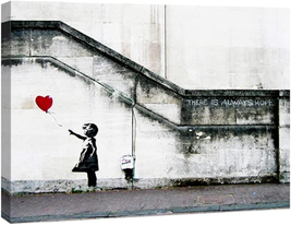 Wieco Art Banksy Grafitti Girl with Red Balloon Canvas Prints Wall Art Grey Love - $20.44