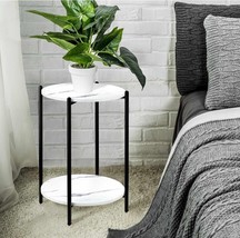 Round Sofa Side Table for Living Room Compact 2 Tier Tall End Table White Marble - £39.34 GBP