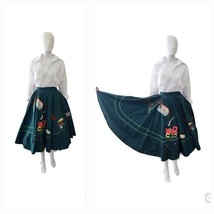 Vintage 50s Novelty Appliqué Train Palms Border Full Circle Boho Skirt W23&quot; - $143.55