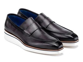 Paul Parkman Mens Shoes Loafers Gray Casual Leather Slip-On Handmade 183... - $314.99