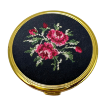 Petit Point Powder Compact Red Floral on Black Gold Tone Metal Rim Vintage 1960s - £37.94 GBP