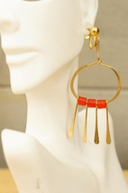 VINTAGE Costume Jewelry Red Glass Bead Gold Tone Metal Dangle Clip Earrings - $19.79