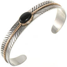 Navajo Classic Black Onyx Feather Bracelet Sterling Silver 12KGF Mens sz7.5-8 - £276.18 GBP