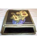 CHARMING MIRRORED METAL HINGED TRINKET BOX SUNFLOWERS MEXICO VIVA - $12.00