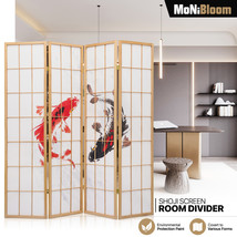 4 Panels Foldable Room Divider Koi Carp Pattern Grid Frame Privacy Fabri... - $168.99