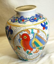 Folk Art Stoneware Vase Bird Floral Designs Hand Painted China - $39.59