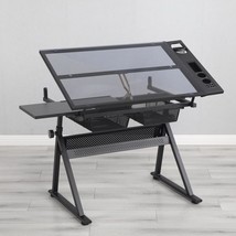 Adjustable Tempered Glass Drafting Printing Table Desk with Chair - £264.99 GBP