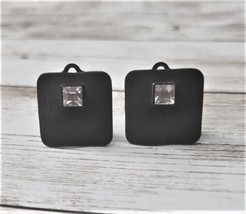 Vintage Clip On Earrings Black Square Rounded Corners with Clear Gem - £10.38 GBP