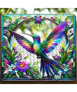 Square Hummingbird Faux Stained Glass Acrylic Art Suncatcher – 8in 2D Flat - $455.40 MXN