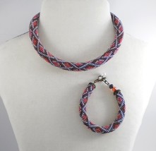 Red-Burgundy-Grey-Brown Jewelery set: beaded Necklace and Bracelet, Hand... - $42.00