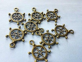 6 Ship Wheel Charms Antiqued Bronze Helm Pendants Nautical  - £2.59 GBP