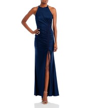 Aqua Women&#39;s Sateen Ruched Long Halter Dress Blue Size 12 B4HP - £39.46 GBP
