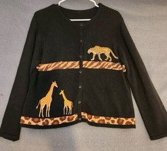 Marisa Christina Safari Knit Cardigan Black Sz M Giraffe Cheetah Vtg Emb... - $17.82