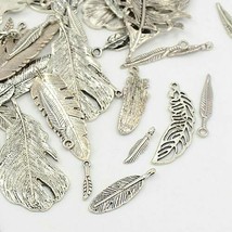 6 Feather Charms Pendants Assorted Antiqued Silver Mixed Set 29mm to 86mm - $4.24