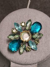 Vintage Blue, Green, Clear Flower Rhinestone Brooch Silvertone  - £6.44 GBP