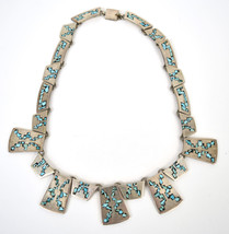 Sterling Silver Taxco Mexico Turquoise Inlay Heavy Geometric Necklace  - £158.27 GBP