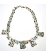 Sterling Silver Taxco Mexico Turquoise Inlay Heavy Geometric Necklace  - £156.45 GBP