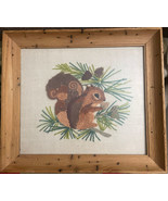Vintage Yarn Thread Framed Needlepoint wall Art Squirrel Acorns - $109.19 CAD