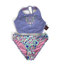 Vigoss Kids Swimsuit Size 14 Pink Purple 2-piece Ties in Back Floral Swi... - $20.47