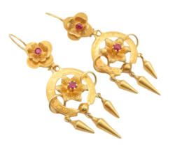 14K GOLD Vintage Earrings Antique Lab Ruby Inlay Carved Flowers  GE265 - $677.01