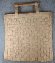 Mexican Cross Hatch Beach Bag Wood Handle Large Brown Vintage  - $18.95