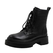 Women Shoes Genuine Leather Motorcycle Boots Thick Med Heel Boots Round Toe Zipp - £125.28 GBP