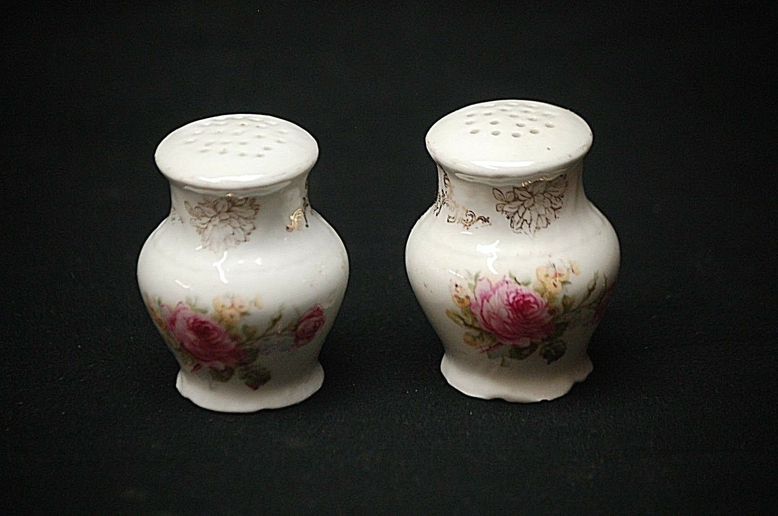 Old Vintage Salt &amp; Pepper Shakers w Pink &amp; Yellow Rose Designs Gold Accents - $9.89