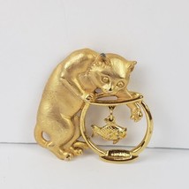 JJ Jonette Jewelry Goldtone Cat Fish Bowl Pin Brooch Vintage Gold Tone Costume - £26.13 GBP