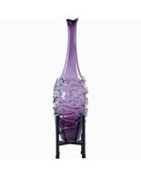 22" Tall Vintage Purple Amethyst Art Glass Vase Lattice Clear Glass - Metal Base - $143.55