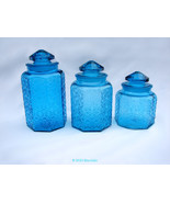 Blue Glass Daisy &amp; Button Canister Jar w/ Lid Vintage L.E. Smith  - 2 Si... - £15.73 GBP+