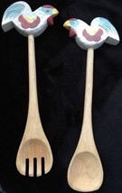 Wooden Salad Server Set 2 Pieces Unused 12” L Painted Roosters Country F... - $12.99