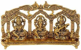 Ganesha Lakshmi and Saraswati Idol Metal Sculpture Seated Peacock Throne Golden - £34.35 GBP