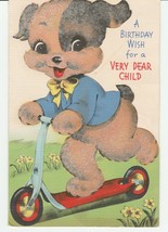 Vintage Birthday Card Flocked Dog on Scooter 1940&#39;s The Wishing Well Die-Cut - £8.55 GBP