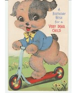 Vintage Birthday Card Flocked Dog on Scooter 1940&#39;s The Wishing Well Die... - £8.56 GBP