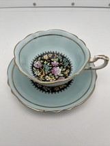Vintage Paragon Aqua Black Pink Flowers Gold Rims Teacup Saucer Appt Queen Mary - £44.12 GBP