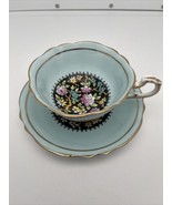 Vintage Paragon Aqua Black Pink Flowers Gold Rims Teacup Saucer Appt Que... - £44.10 GBP