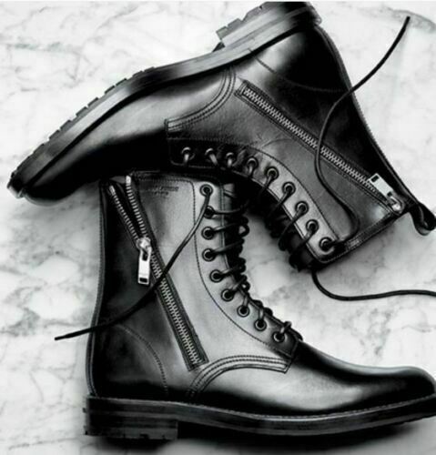 New Handmade Men's Black Leather Lace Up & Zipper Style, Black Military Style