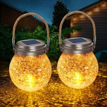 Solar Lantern Crackle Glass Ball, Amber Warm Solar Lanterns Outdoor Waterproof S - £48.57 GBP