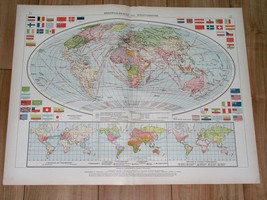 1930 Original Vintage Map Of The World Transportation Colonies America Asia - £23.53 GBP