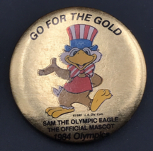 1984 Los Angeles LA Olympics Sam the Eagle Mascot Gold Round Pin 1.75&quot; Pinback - £5.40 GBP