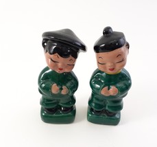 Pair of Asian Children Figurines Dressed in Green and Black Japan - £11.83 GBP