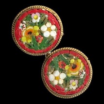 1950s Italian Micro Mosaic Button Screw Back Earrings - Multi Floral Bouquet - £39.50 GBP