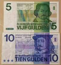 NETHERLANDS LOT OF TWO BANKNOTES 5 &amp; 10 GULDEN 1968 -1973 VF - XF NO RES... - £21.63 GBP